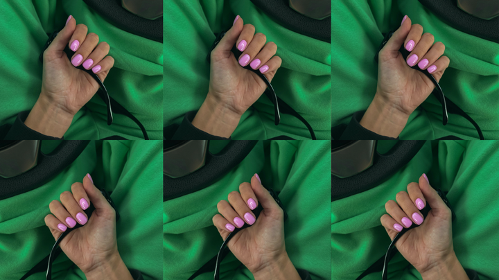 A person's hand holding sunglasses with their nails painted pink on a green backdrop for their personal transformation in a collage style.