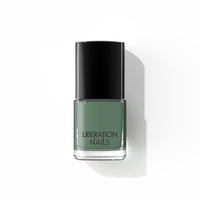 A bottle of Liberation Nails nail polish in a dark green color, Crowdfund