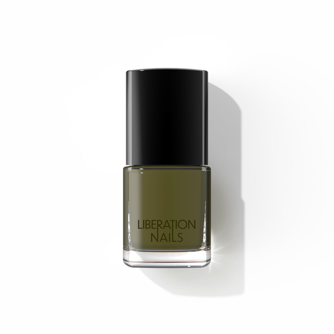 A bottle of Liberation Nails nail polish in a dark olive green color, Nature Bath.