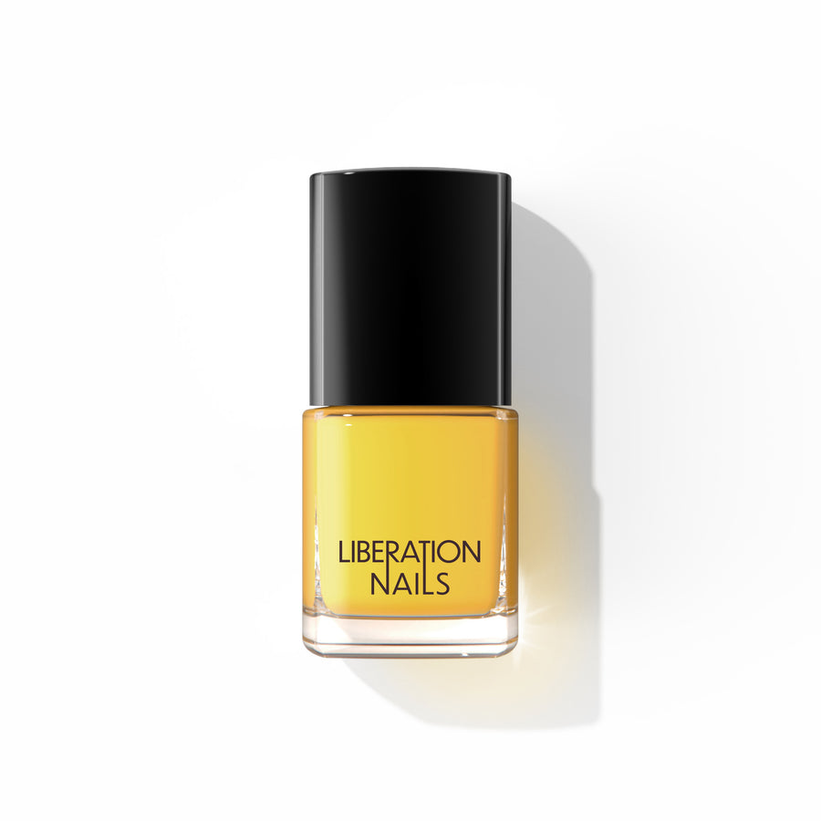 A bottle of Liberation Nails nail polish in a lemon yellow color, Sunroom.